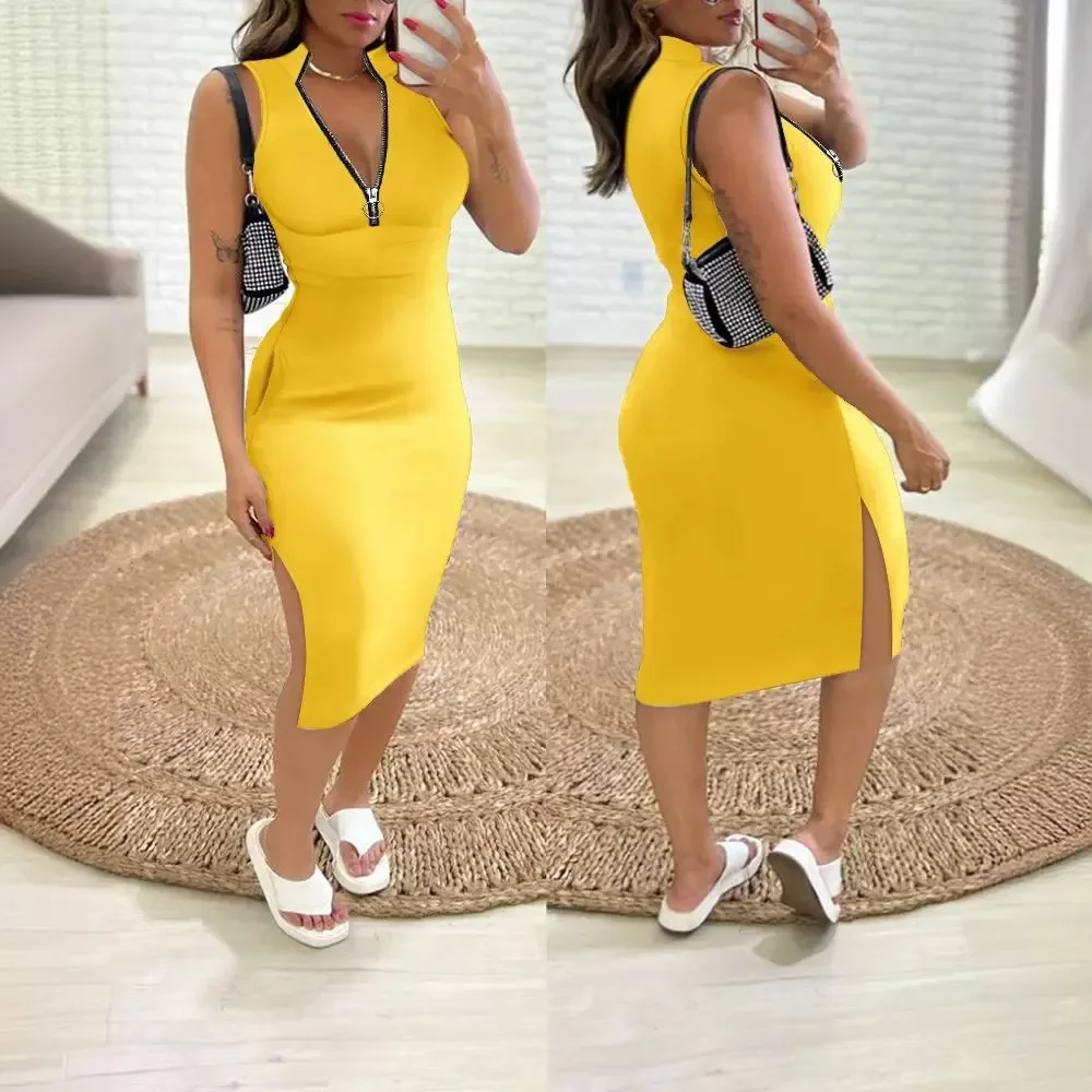 Striped Sleeveless Bodycon Dress Women Sexy Dresses Mid Length Vestidos Zipper Elegant Stand Collar High Waist Beach Sleeveless