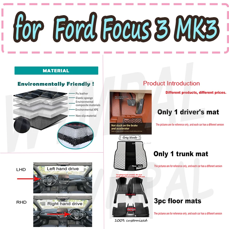 

LUXURY Customized Artificial Leather Car Floor Mat For Ford Focus 3 MK3 2014 2015 2016 2017 Protect Your Vehicle's Interior