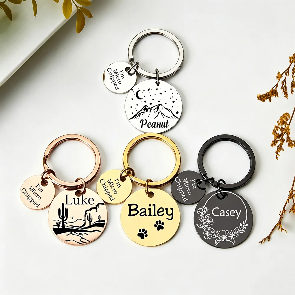 Custom Round Pet ID Tag Keychain Stainless Steel Mountain Flower Paw Pattern Engraved Keyring Wholesale