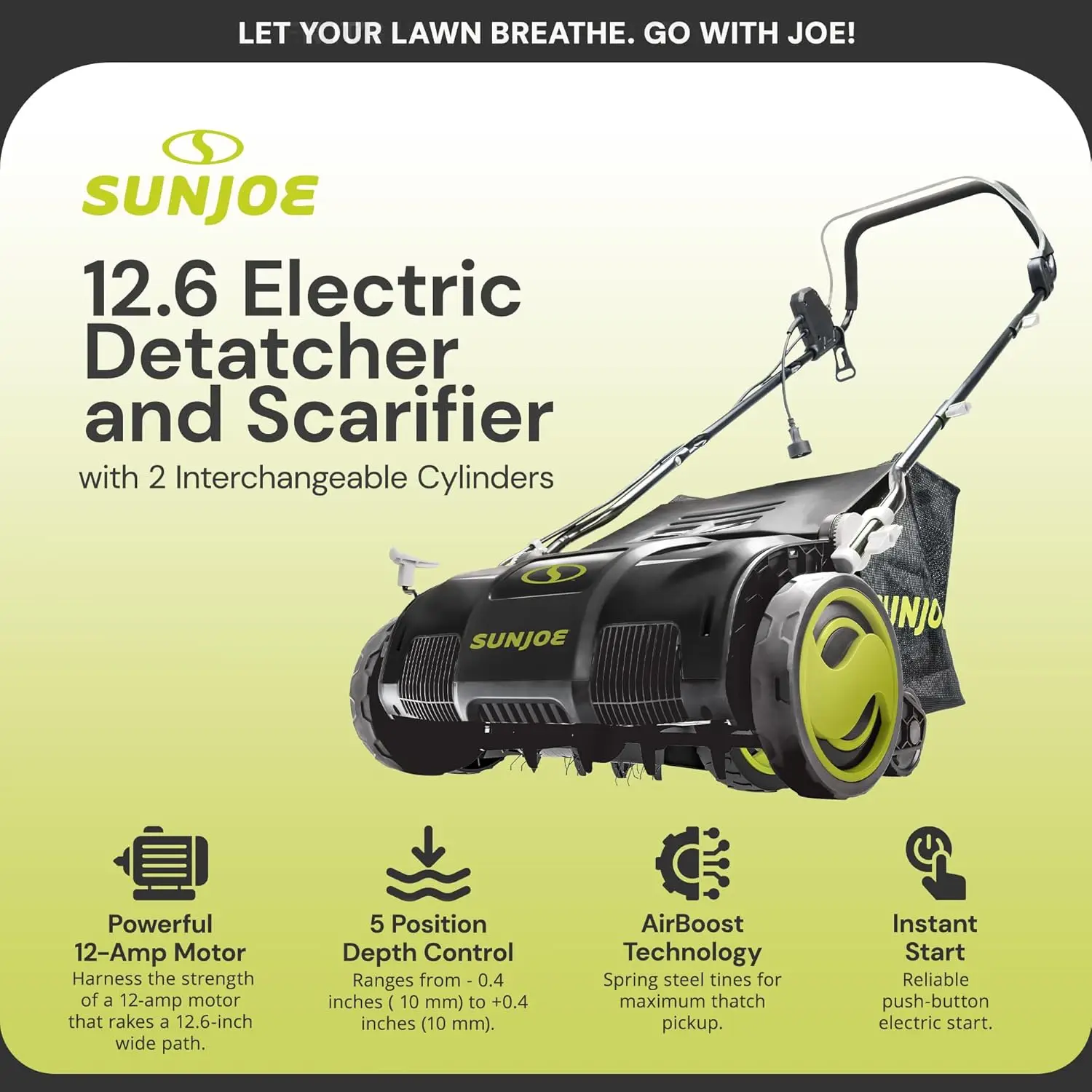 Gardening Care: Corded Electric Dethatcher & Scarifier, Metal, 12.6-Inch Cutting Width, 12-Amp Motor, 8-Gal Bag