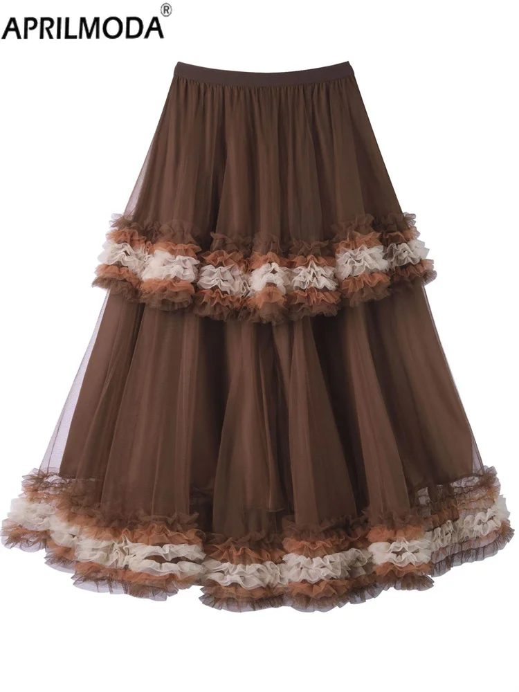 

Irregular Multi Layer Cake Gauze Ruffle Long Skirt Elastic High Waist Brown Purple Mesh Sweet Kawaii Ball Gown Aline Party Skirt
