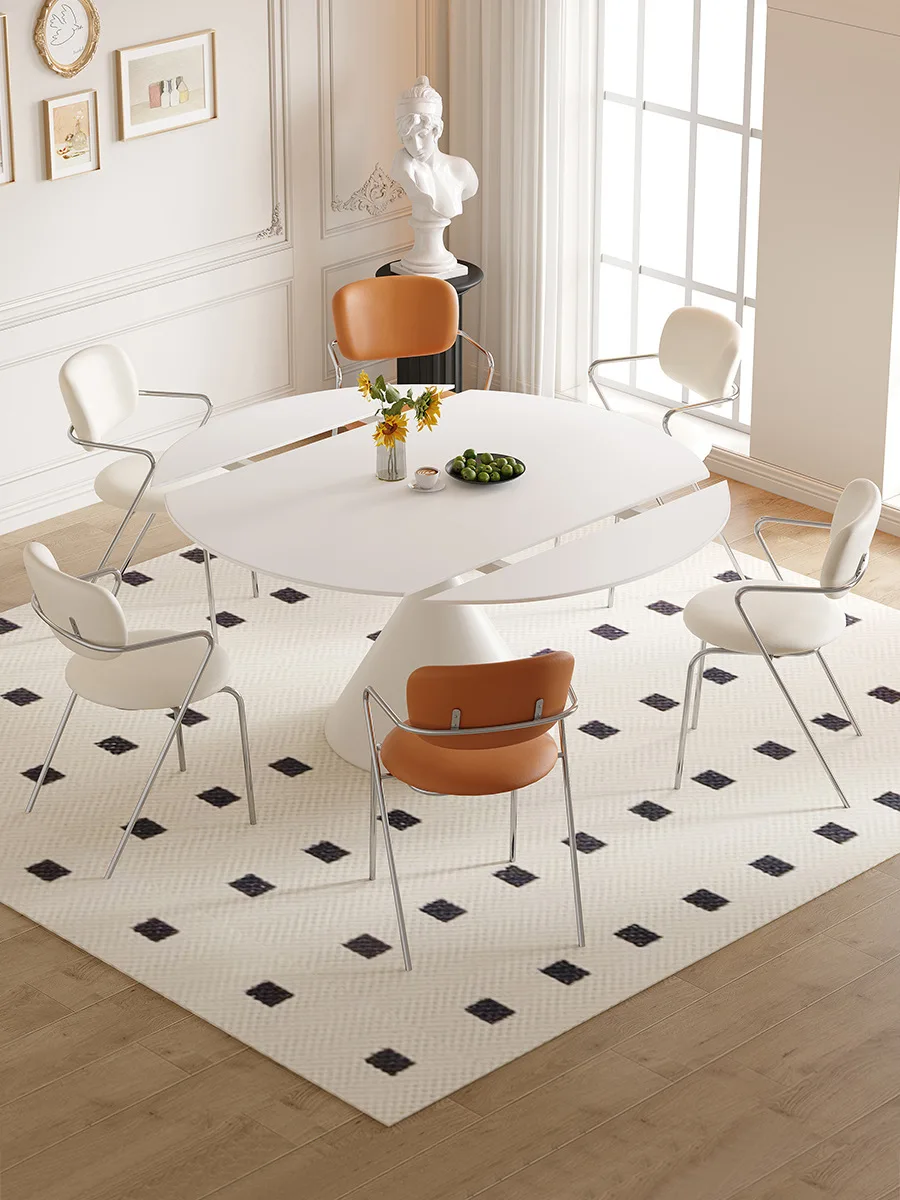French cream wind retractable rock slab dining table square and round dual-purpose household rotating table waltz retro