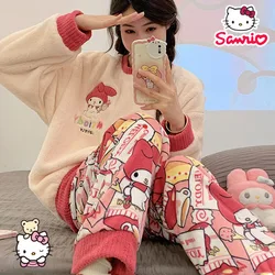 Sanrio My Melody Pajamas Set Women's Fleece Thick Warm Kuromi Casual Round Neck Long Sleeve 2 Pieces Set Cute Home Suit Gift