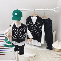 Family Daughter Son Matching Outfit Autumn Dad Mother And Child Knit Sweater Vest+Shirt+Pants 3pcs Sets Parent-Child Pair Look