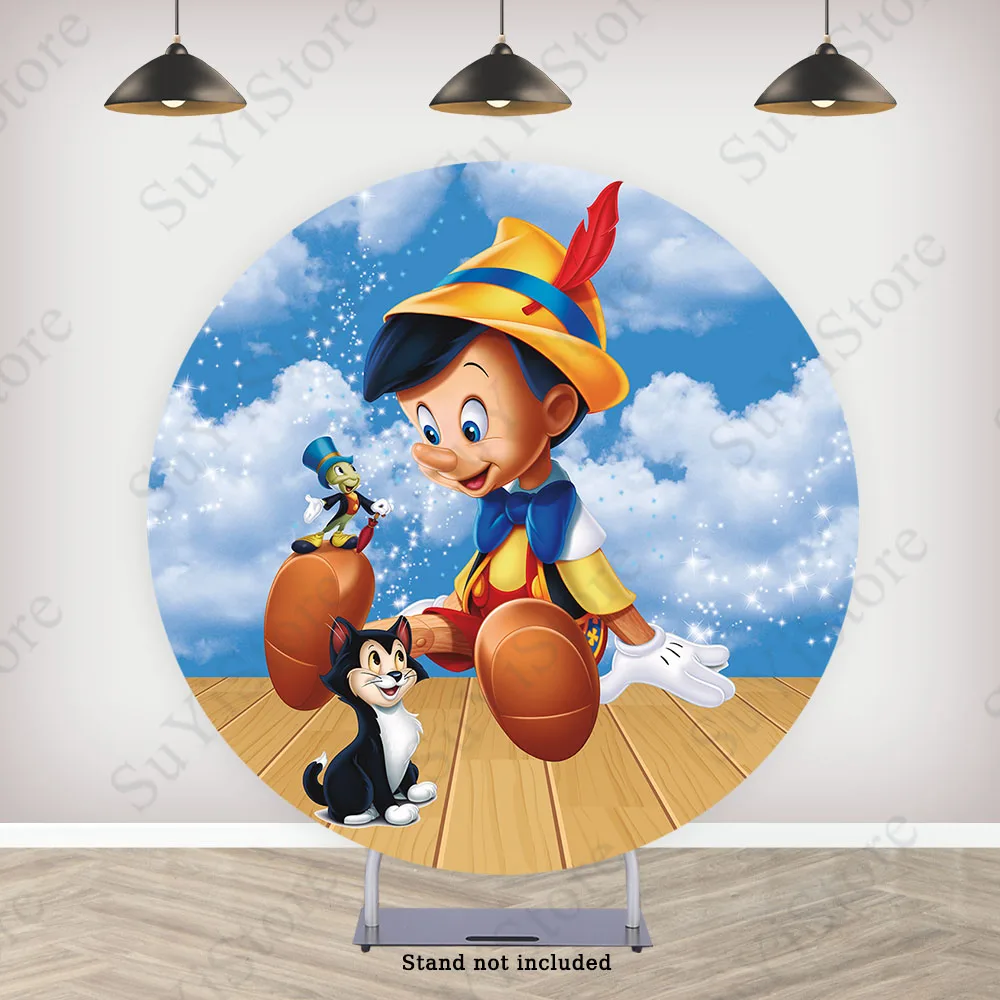 Pinocchio Round Backdrop Cover For Kids Birthday Baby Shower Disney Cartoon Circle Photo Background Elastic PhotoCall Covers