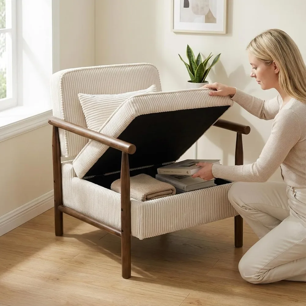 

Accent Chair with Hidden Storage, Mid-Century Upholstered Armchair with Solid Wood Frame, Corduroy Fabric Accent, Customized