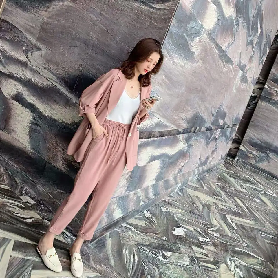Conjunto de dos piezas de estilo coreano para mujer, de color rosa traje elegante, chaqueta holgada, pantalones, chándal de oficina, novedad