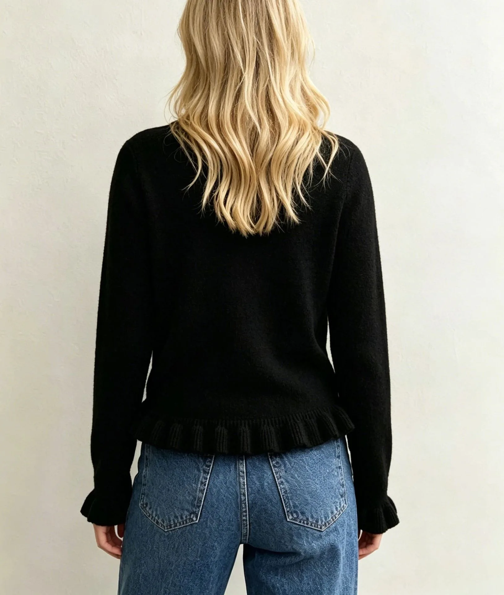 Knitted Fitting Pullover Autumn Winter Pure Color Simple Fashionable Commuting Style Long Sleeved Round Neck Ruffle Edge Tops