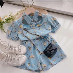 Sweet Summer Girls Clothing Sets New Korean Style Girl Flower Short-Sleeved Printed Denim Jacket+Denim Shorts Baby Kids Suits