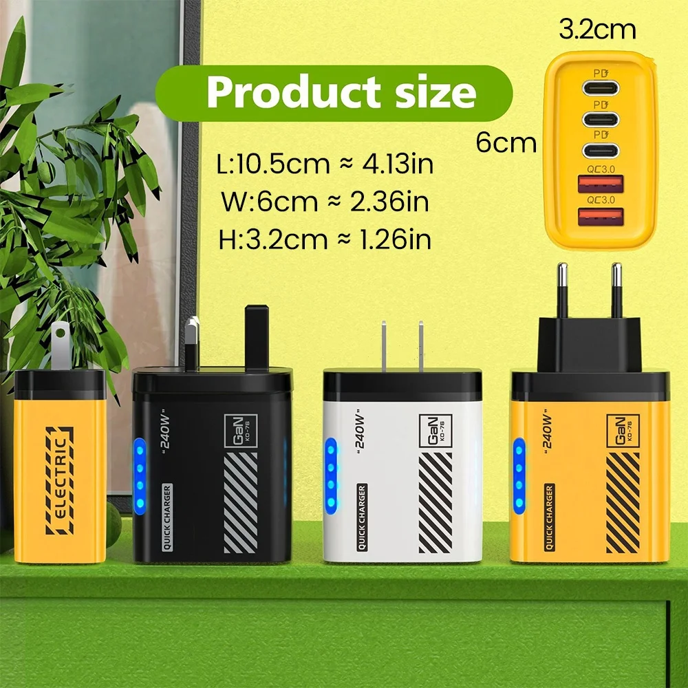240W USB C PD-oplader 5 poorten 2USB 3Type C Snel opladen Wandlader QC 3.0 Mobiele telefoon voedingsadapter voor iPhone Samsung Xiaomi