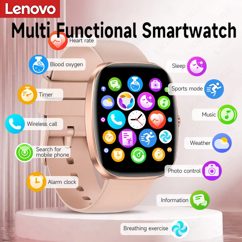 Lenovo 2026 New Smart Watch Men Women Fitness Tracker Message Notification Electronic Watch Gift Compatible with iOS Android