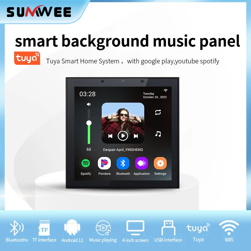 4 inch Tuya Smart Home Andriod 11 WiFi Bluetooth Touch Screen Home Theater Cinema Digital Stereo Audio Music Wall Amplifier