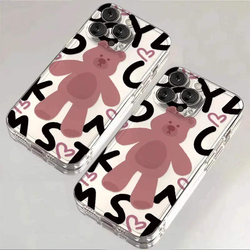 Ins الكورية جميل الوردي الدب قضية الهاتف آيفون 16E 16 15 14 13 12 11 برو XR XS ماكس 7 8 زائد SE 2020 لينة مكافحة سقوط جراب هاتف