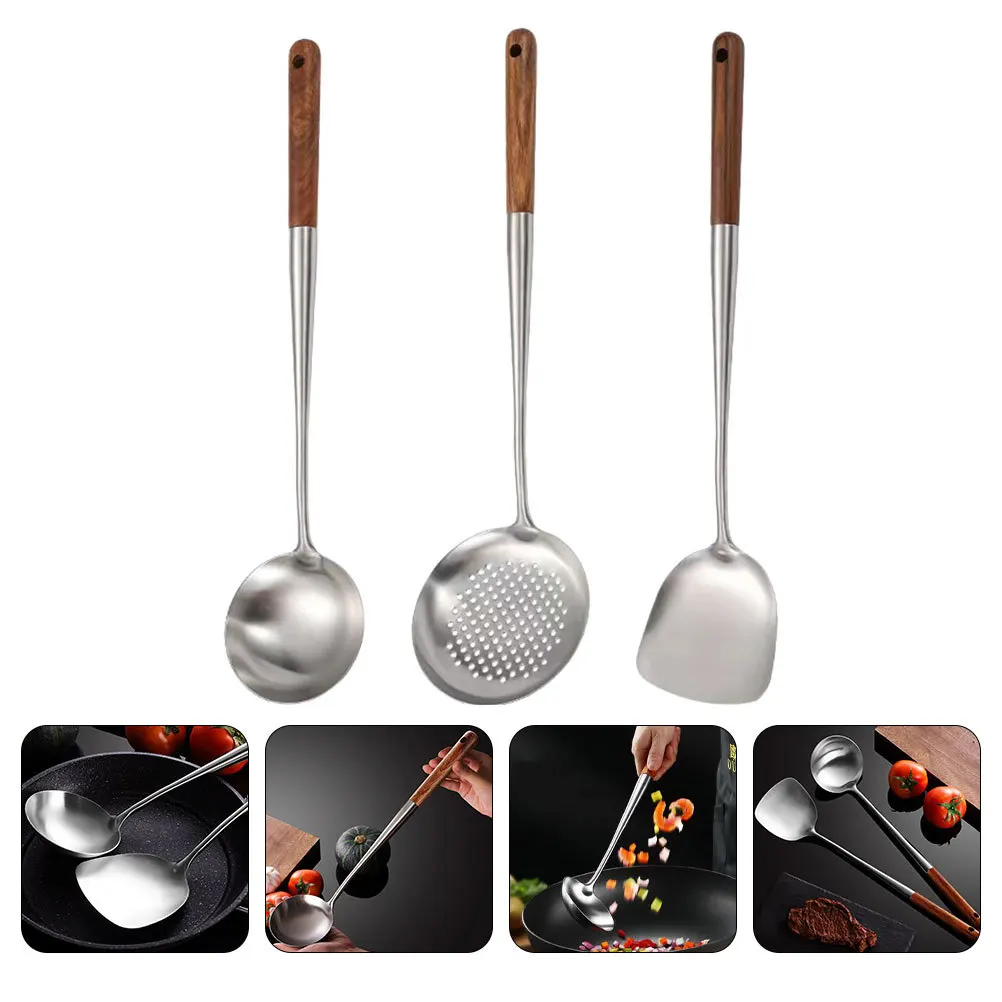

3Pcs Wok Spatula Ladle Skimmer Set Stainless Steel Long Wooden Handle Kitchen Utensils Cooking Gadget for Stir Fry Soup Serving