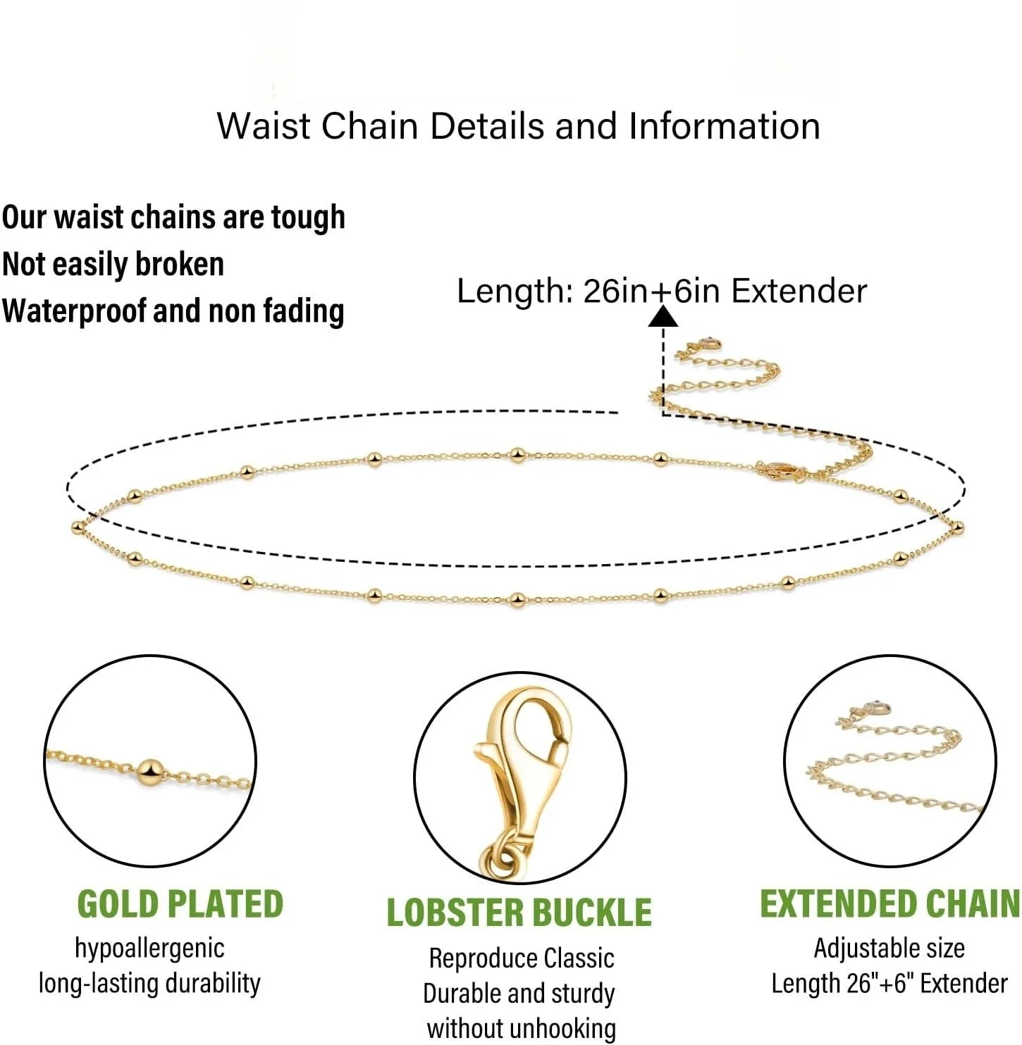 مجوهرات جسم بيكيني قابلة للتعديل للنساء، سلاسل الخصر للنساء، سلاسل الجسم المطلية بالذهب، خرز الأقمار الصناعية، سلاسل حزام البطن