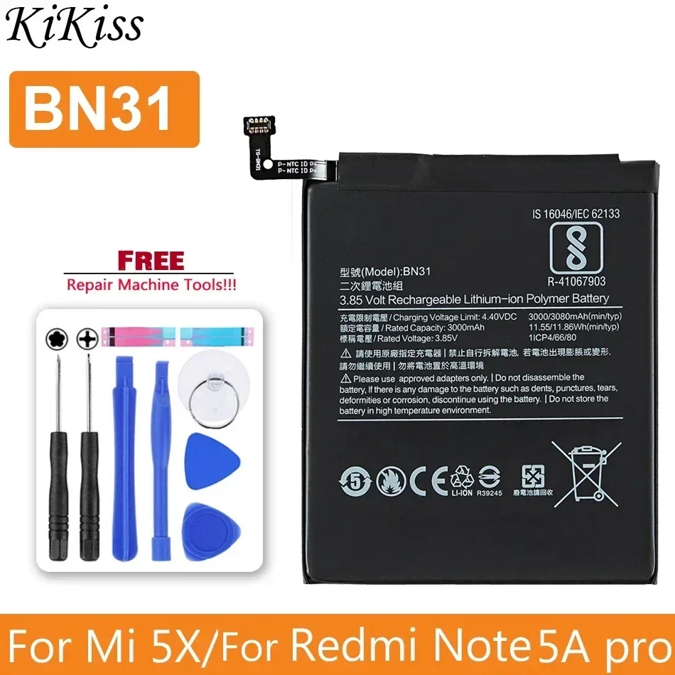 Bateria para Xiaomi, BN31, Xiaomi Mi 5X, A1, Mi5X, Redmi Note 5A Pro, Redmi Y1 Lite S2, 3000mAh Track Code