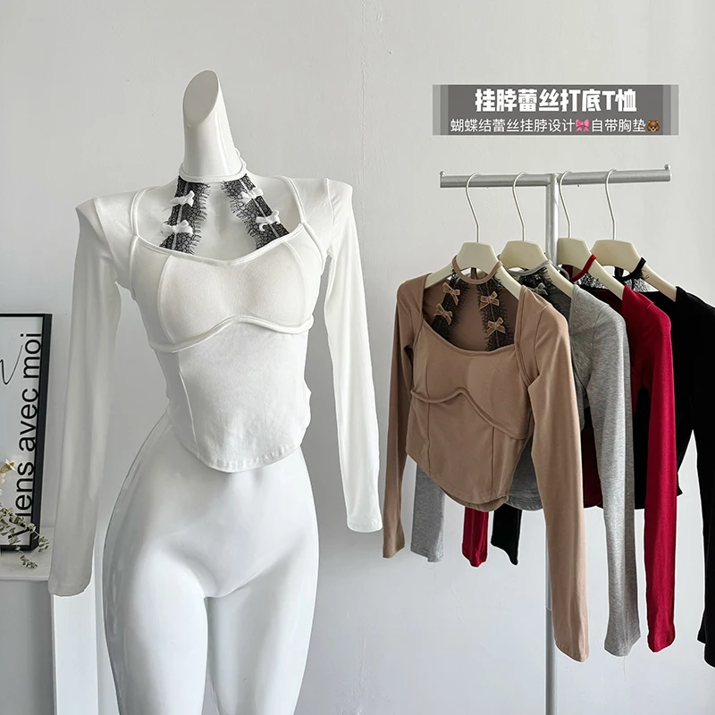 

Women Casual Tops Fake Two Piece Long Sleeved Hanging Neck Y2K T-Shirt Woman Autumn Sweet Square Collar Long Sleeve Tees