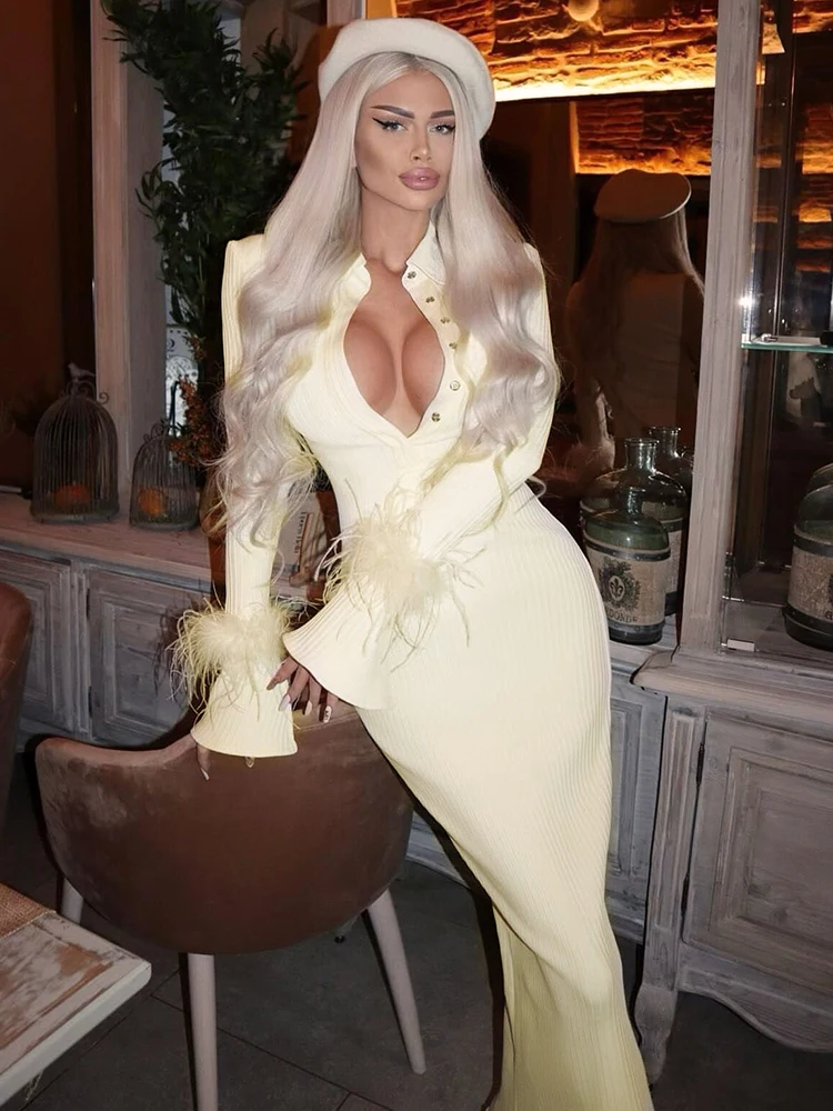 Vestido de fiesta Vestidos amarillo claro Maxi vestido mujer elegante ceñido al cuerpo vendaje manga larga diseño de plumas