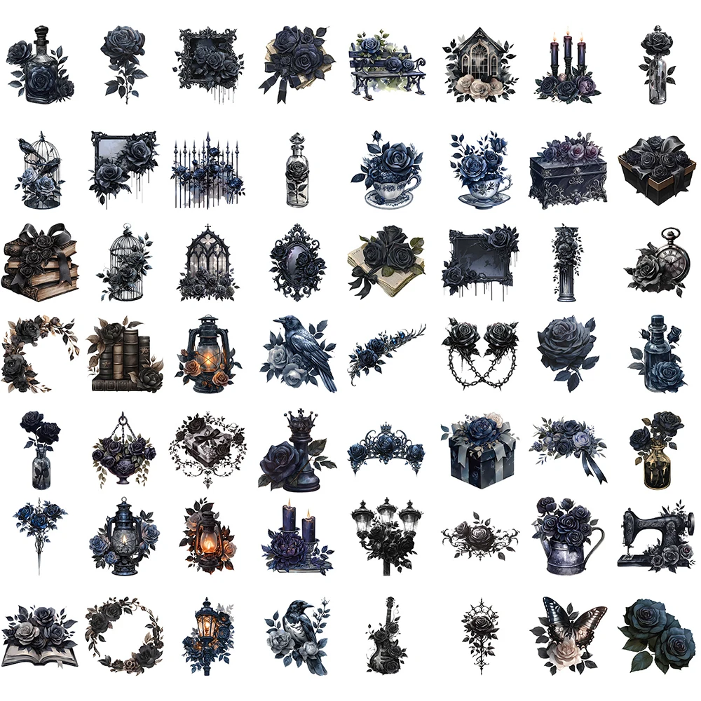 50/100pcs Transparent Black Rose Magic Sticker Aesthetic Waterproof DIY Skateboard Laptop Dark Magic Cartoon Sticker Packs