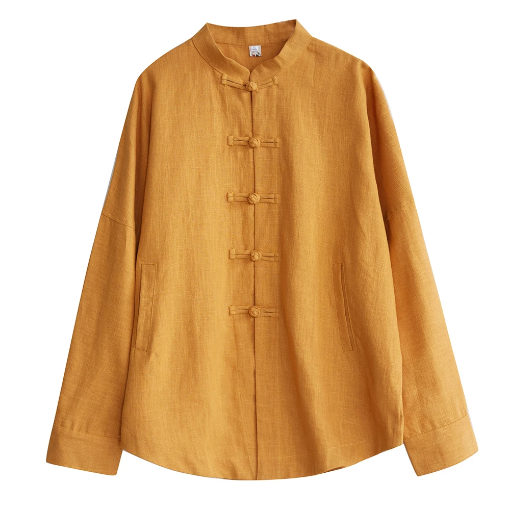 

Мужская рубашка LZJN из грубого льна с воротником-стойкой и пуговицами-лягушками в китайском стиле, весна 2026, с длинными рукавами