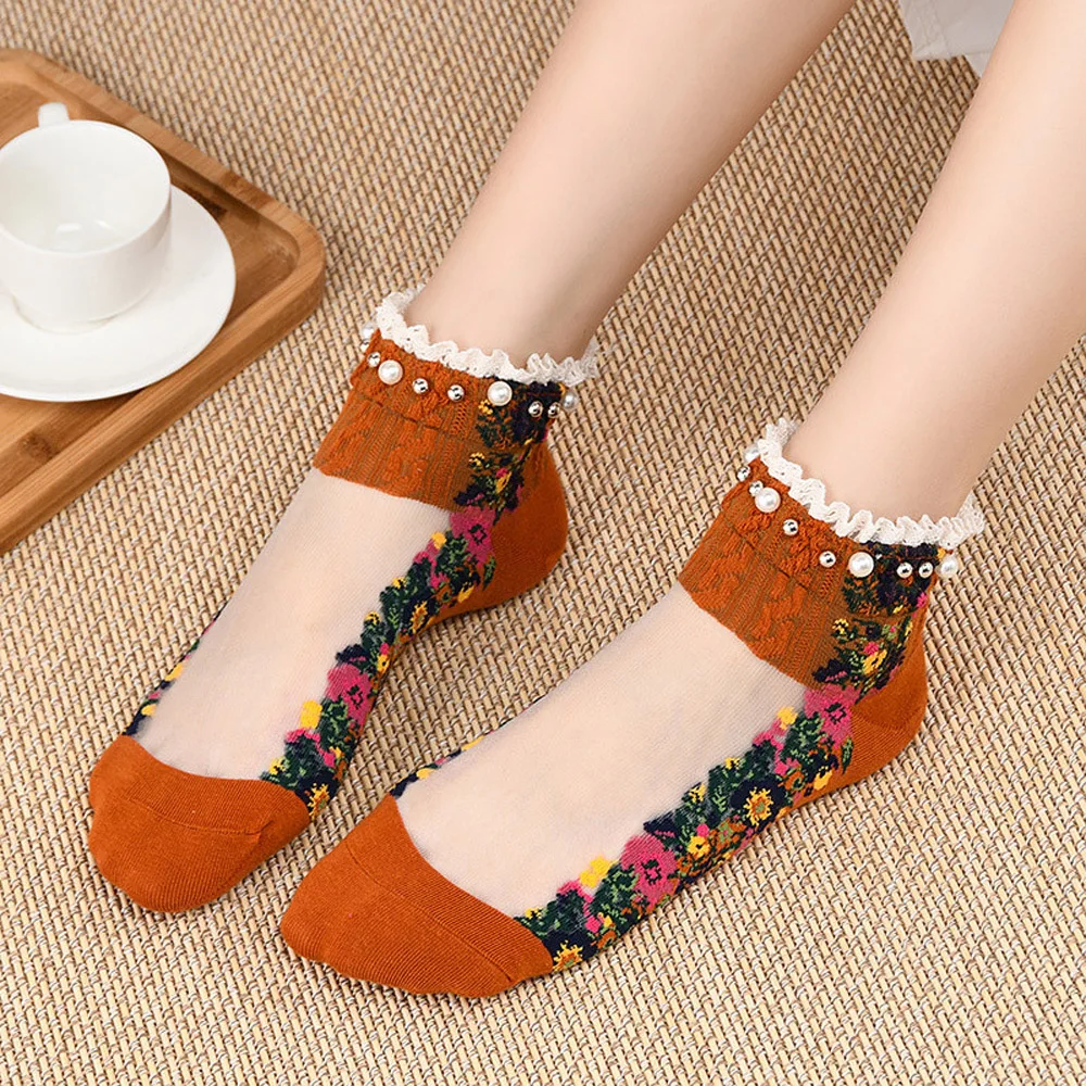 Fashion Transparent Women Pearl Mesh Spring Boat Socks Hosiery Short Socks Embroidery Flowers Socks