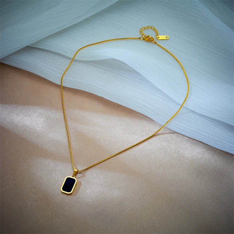 LAMENGLY 316L Stainless Steel Black Rectangular Pendant Necklace For Women New Fashion Girls Exquisite Neck Chain Jewelry Gifts