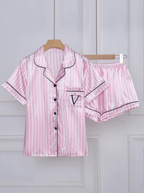Striped Embroidered Letter Pocket Short Sleeve and Shorts Pajama Set, Casual Satin Sleepwear with Lapel Collar and Button Detail Striped Embroidered Letter Pocket Short Sleeve and Shorts Pajama Set, Casual Satin Sleepwear with Lapel Collar and Button Detail