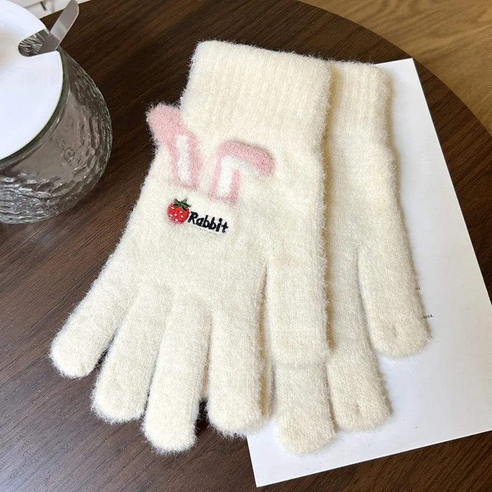 Embroidered Strawberry Rabbit Winter Warm Gloves One Size 21cm x 8cm Full Finger Gloves Finger Opening Cold Proof
