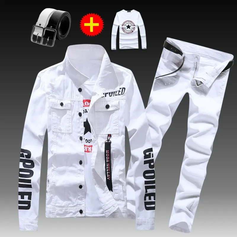 Men\'s Slim Fit Denim Jacket Pants 2pcs Set Long Sleeve Coats Letters Printed Casual Large Size Black White Red Boys Trousers