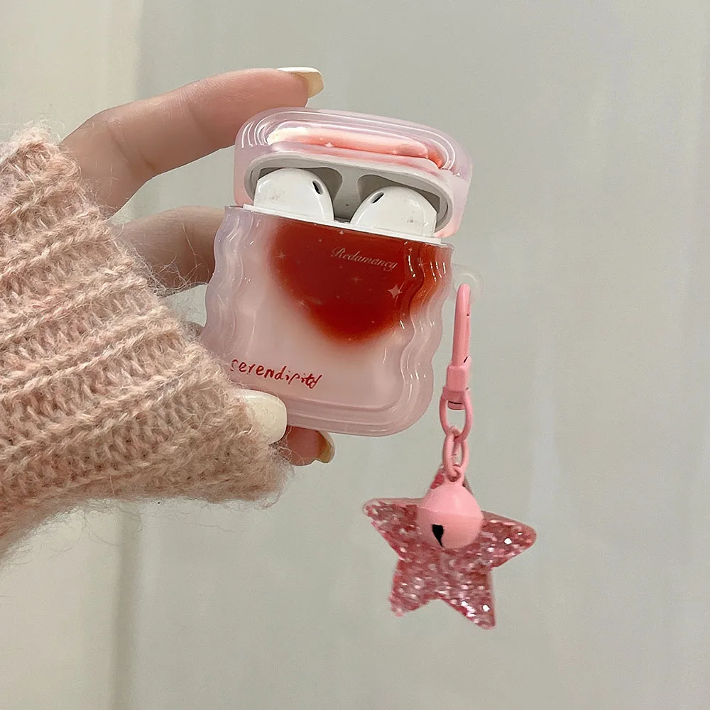 INS Korean Aesthetics Gradient Red Love Heart Earphone Case Sequin Star Pendant For Apple Airpods 1 2 Pro 3 Clear Protective Bag