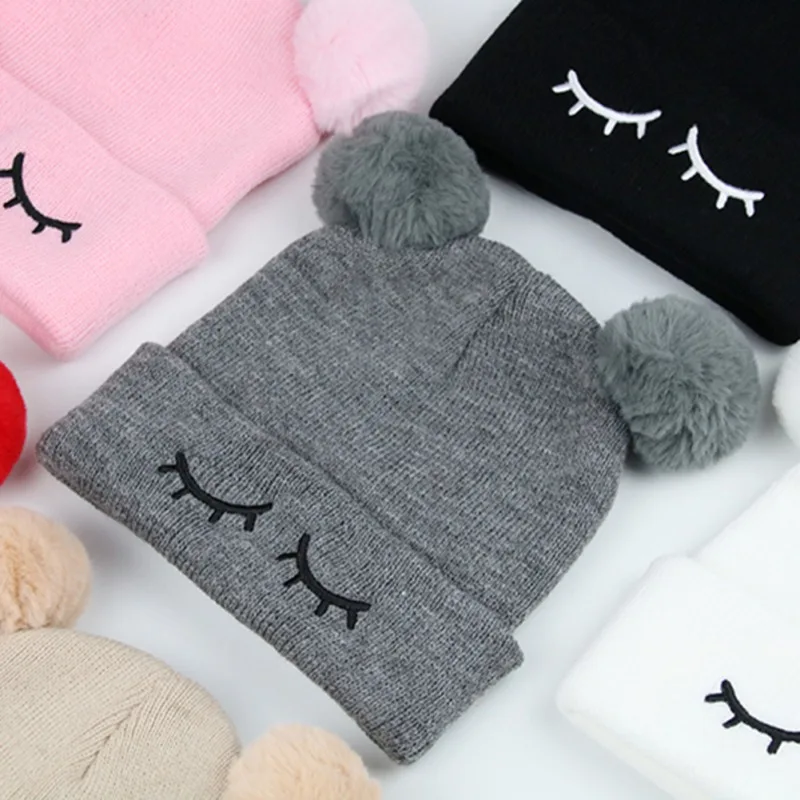 0-7T Winter Autumn Crochet Children Beanies Hats Baby PomPom Ball Hat Boys Girls Knitted Caps Toddlers Cap Kids Warm Eyelash Hat