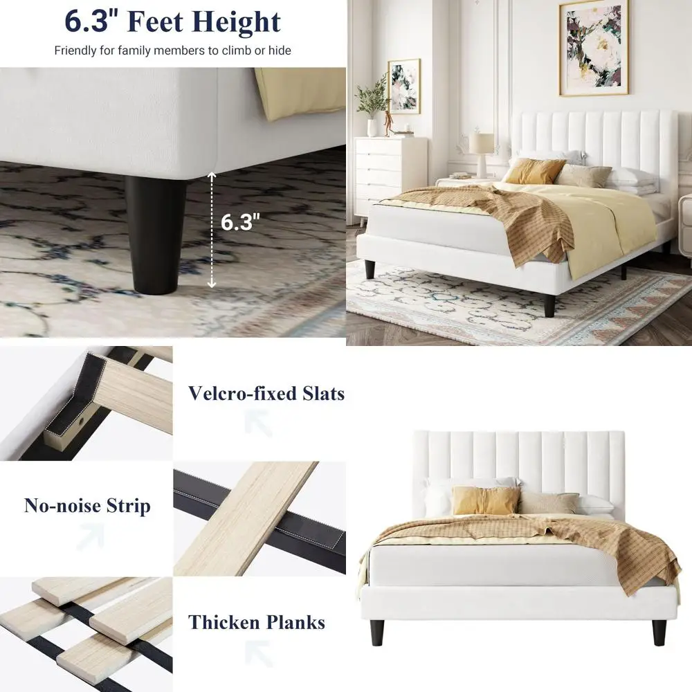 White Velvet Channel Tufted Queen Bed Frame with Wooden Slats, Platform Style, Easy Assembly, Box Spring Optional