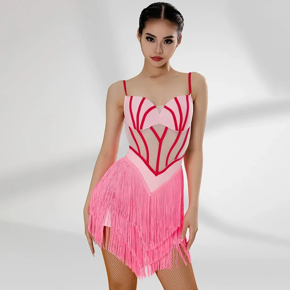 Latin Dance Dress Women Perspective Sexy Mesh Suspender Fringe Dress Cha Cha Samba Rumba Salsa Dance Performance Clothing New