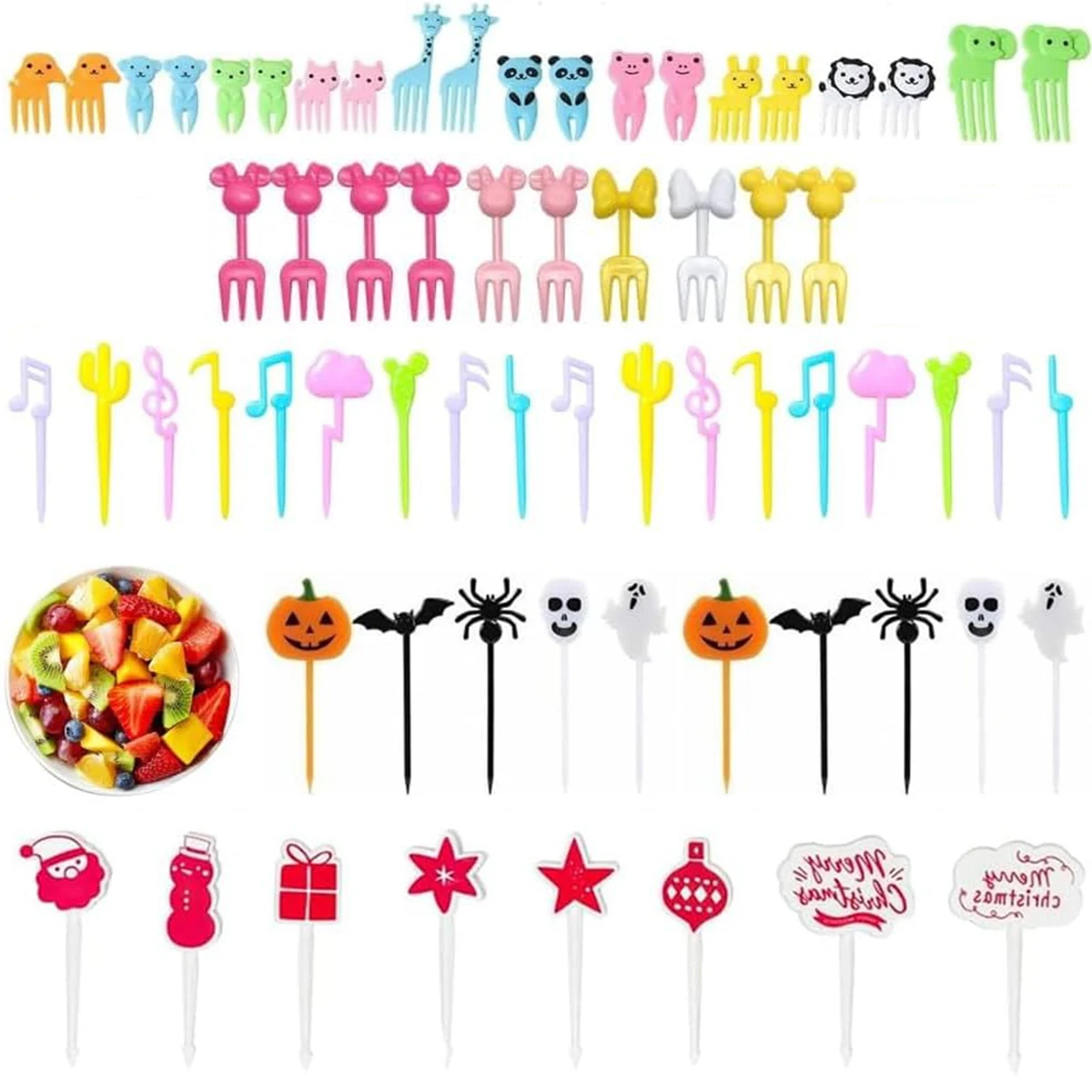 66Pcs Reusable Animal Cartoon Fruit Forks Plastic Food Picks Bento Lunch Box Accessories for Christmas Halloween Party