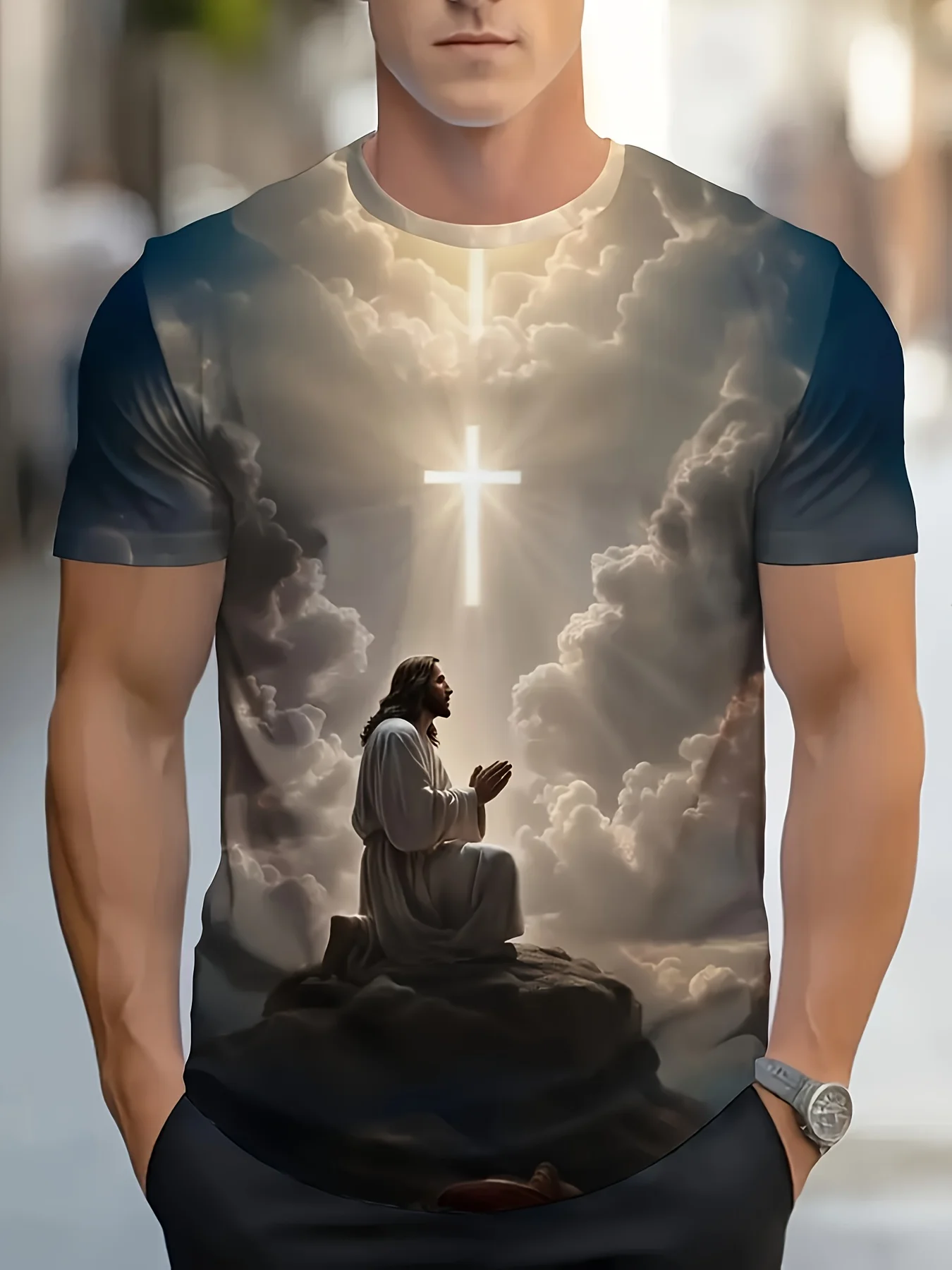Men's T‑Shirt with Jesus Prayer Print  Stretchy Knit Fabric Breathable Summer Casual Short‑Sleeve Crew Neck Shirt, Durable Print