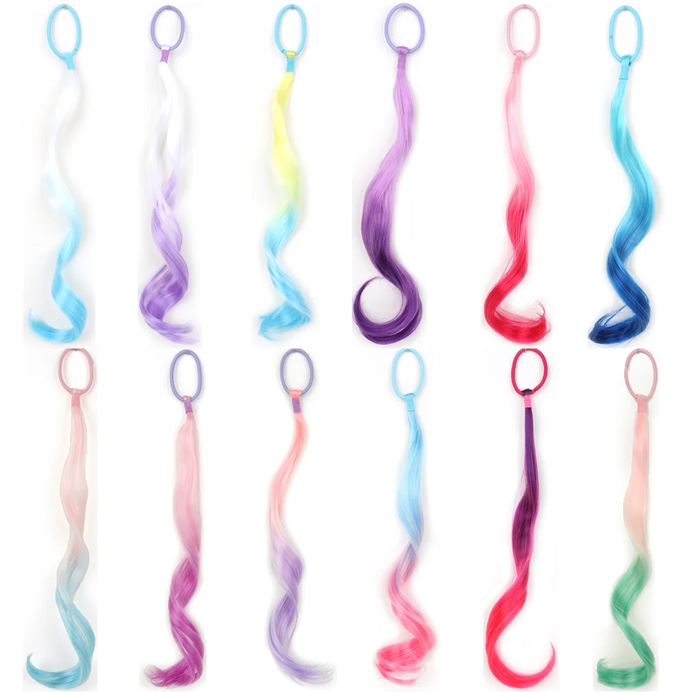 Extensions de cheveux synthétiques colorés pour enfants, extensions de queue de cheval bouclées, légères, avec élastique, 14 po