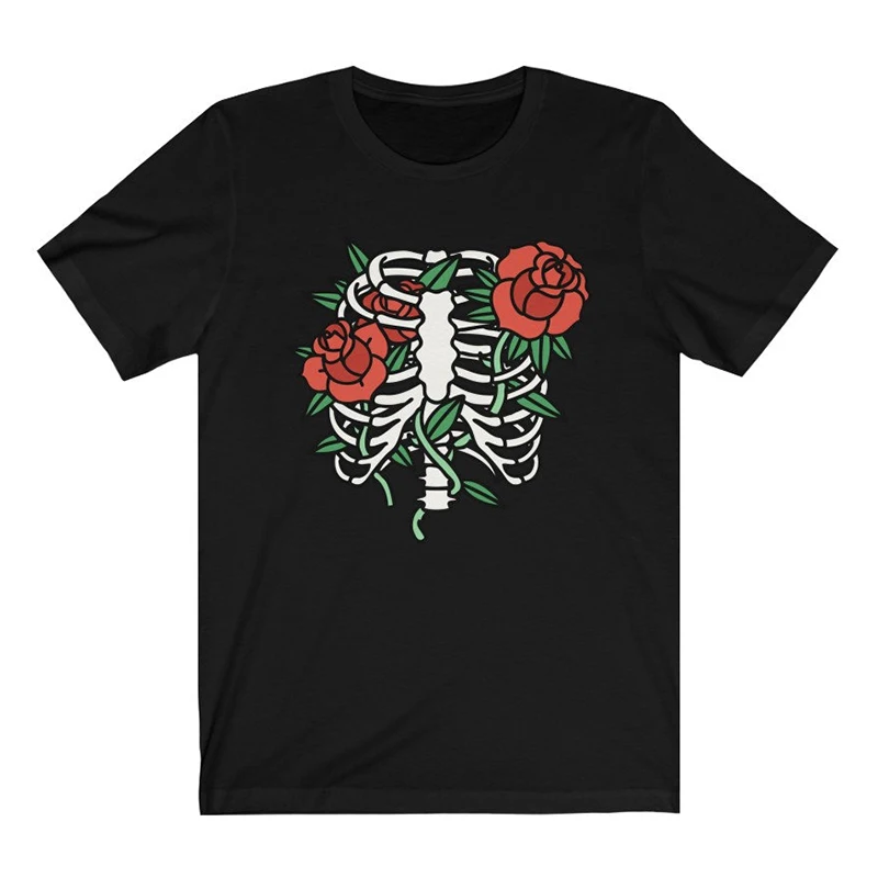 Skeleton Flower Women T-Shirt Harajuku Skull Flowers Graphic Tee Mental Health Womens T Shirt Harajuku O Neck Aesthetic Tops