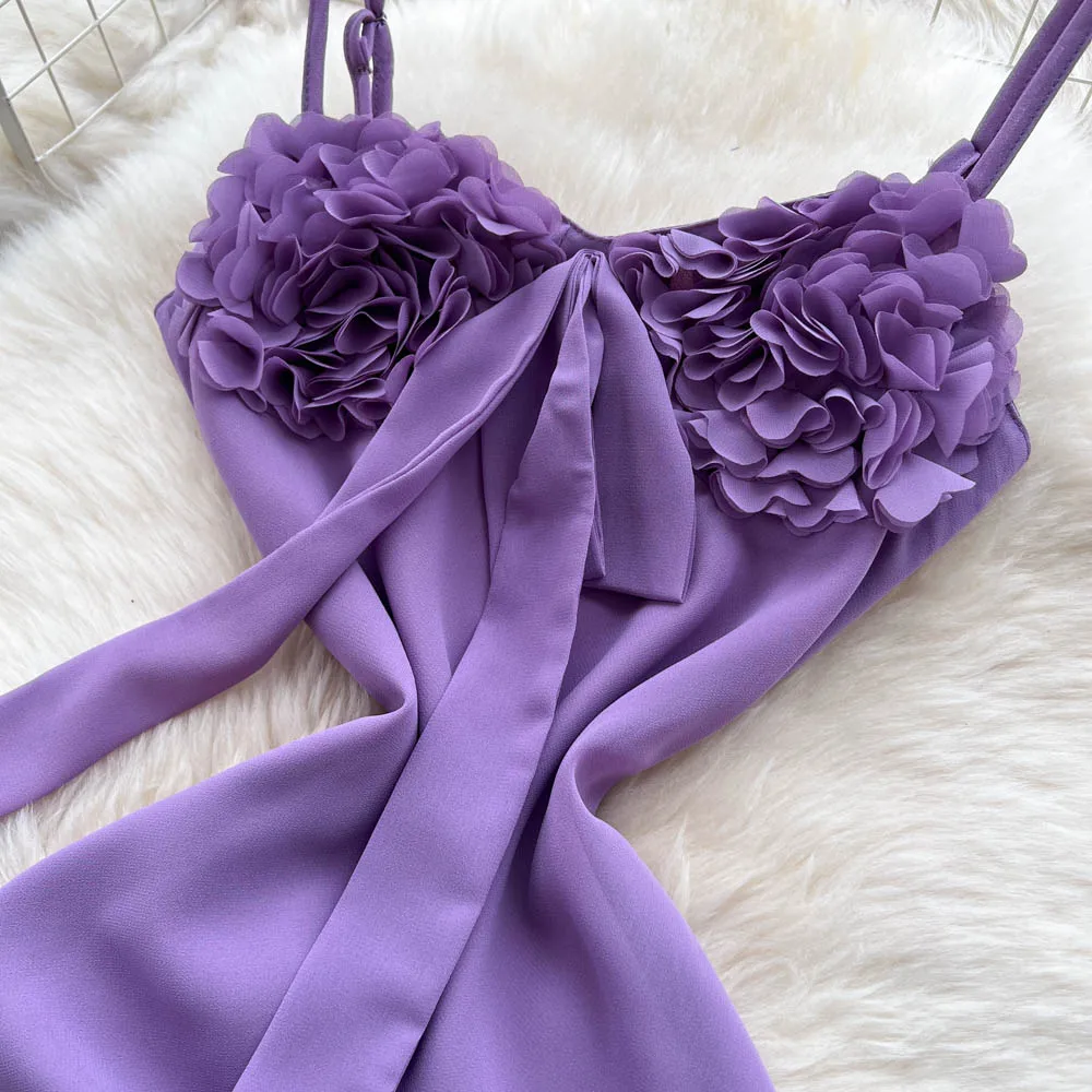 Clothland ผู้หญิงเซ็กซี่ Lilac ชุด Ruffles Bow Tie สปาเก็ตตี้สายรัดแขนกุด One Piece Midi Cami ชุด QE124