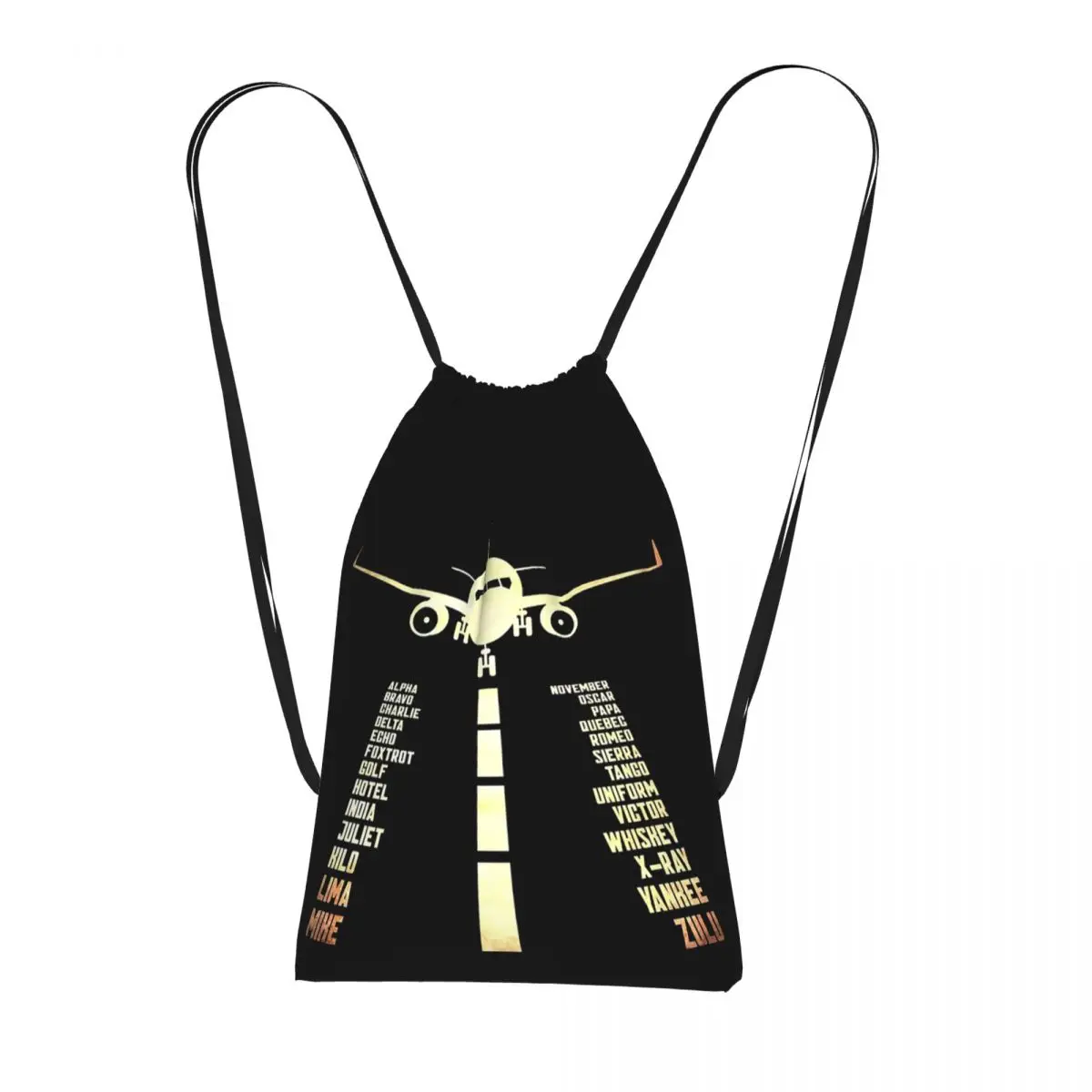 Airplane Airstrip Phonetic Alphabet Drawstring Backpack Sports Gym Bag Lightweight Foldable Storage Drawstring Bag for Men Women