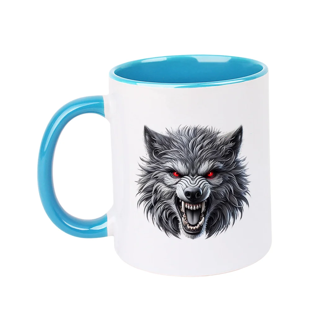 11oz Gray Wolf Head Print Ceramic Coffee Mug with Red Eyes for Home Party Outdoor Activities Camping Birthday Holiday Present Ch