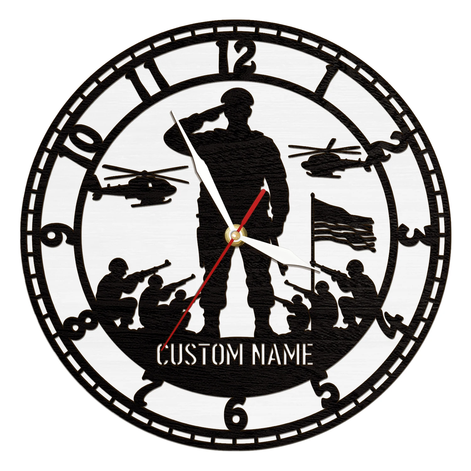 Custom Name Military Soldier LED Light Wall Clock Personalized Veteran Salute Troops Helicopter Glowing Shadow Wooden Wall Clock