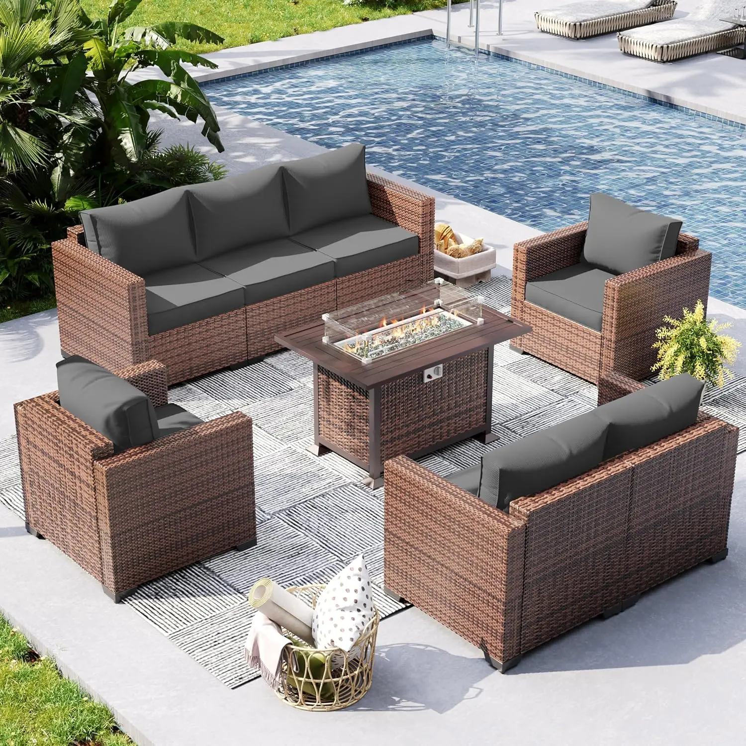 UDPATIO Patio Furniture Set with Fire Pit Table, 7 Piece Oversize Armrest Outdoor Sectional Furniture Rattan Patio Sofa Sets w/G