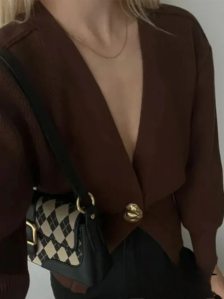 

KONDALA Vintage Chic Women Knitted Sweater Solid V Neck Singe Button Long Sleeve Knitted Cardigans Fashion 2025 Spring Sweaters