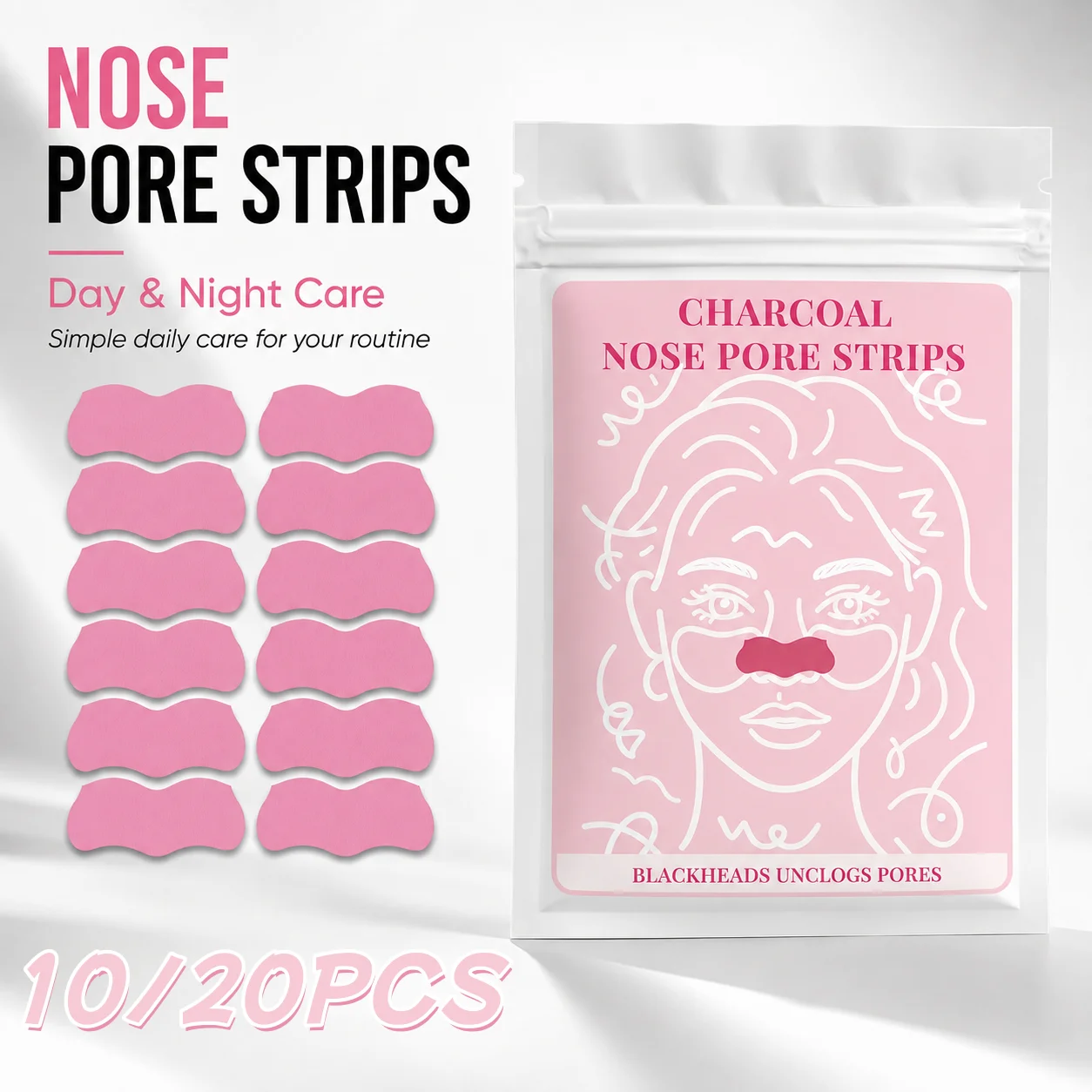 10/20pcs Charcoal Nose Pore Strips, Pink Nose Strips Patch, Easy Peel Nose Stickers, Daily Face Care, Flexible Fit