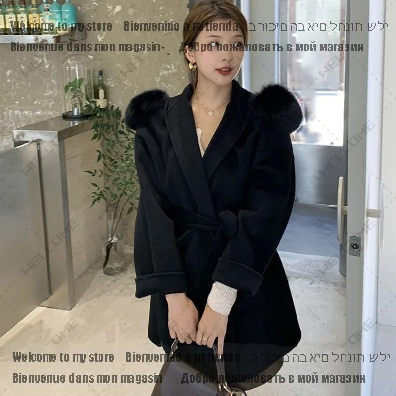 Luxury Loose  Autumn Winter Fox Fur Collar Hooded Wool Cashmere Coat Women\'s Mid-length Woolen Jacket Outerwear Streetwear