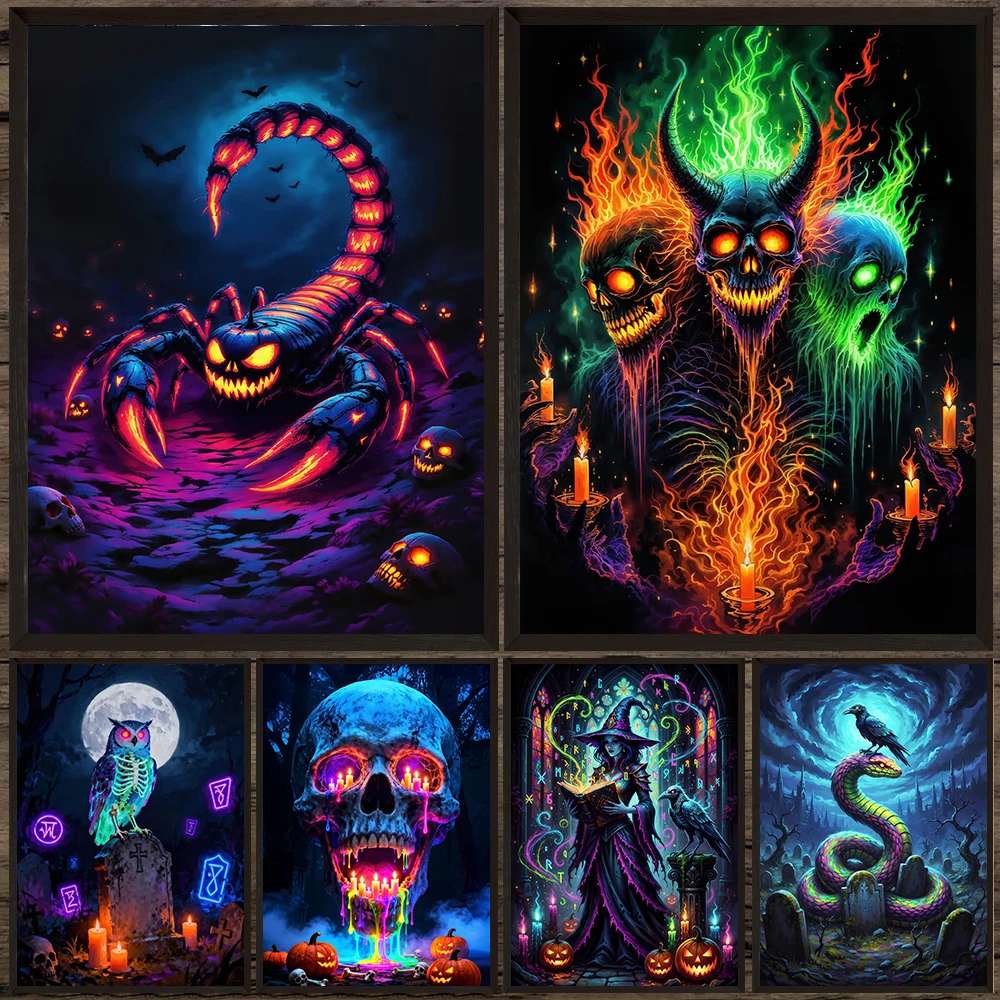 Neon Scorpion & Skeleton Themed Wall Art Canvas Painting,Psychedelic Horror Halloween Art Poster And Prints For Home Decor