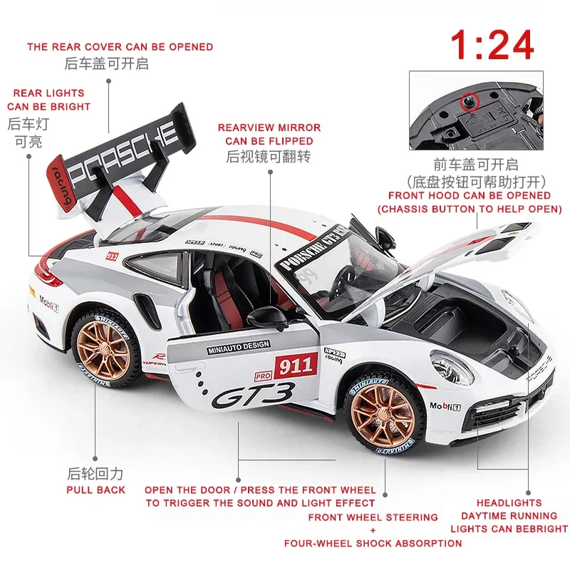 Sche 911 gt3 rsrスポーツカーモデル、1:24、合金、プルバック、シミュレーション、子供用ダイキャストトイ、ガレージキット、男の子用おもちゃ車