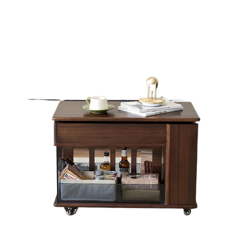

~Black walnut color living room small tea table sofa side can be lifted and moved, rotating side cabinet solid wood