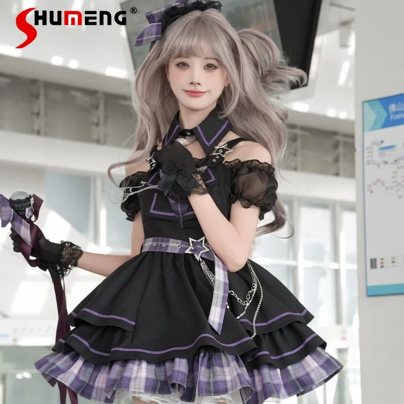 

Japanese Rojita Style High-waisted Dresses Dark Night Rose Purple Plaid Idol Stage Outfit One-shoulder Short-sleeves Dress Set