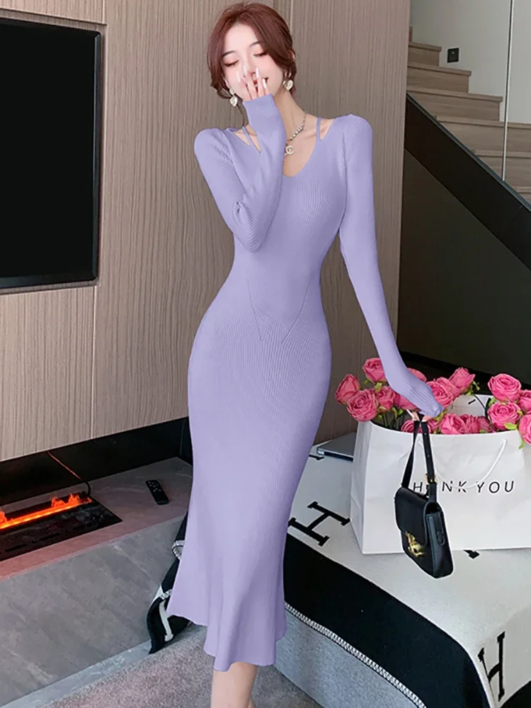 2025 Black Knitted V-Neck Hollow Out Sexy Dress Women Elegant Bodycon Ruffled Long Dress Autumn Winter Korean Fashion Prom Dress